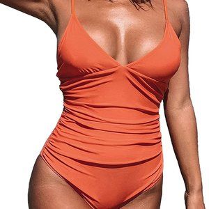 CUPSHE Women's Orange One Piece Swimsuit Tummy Control V Neck size M NWT